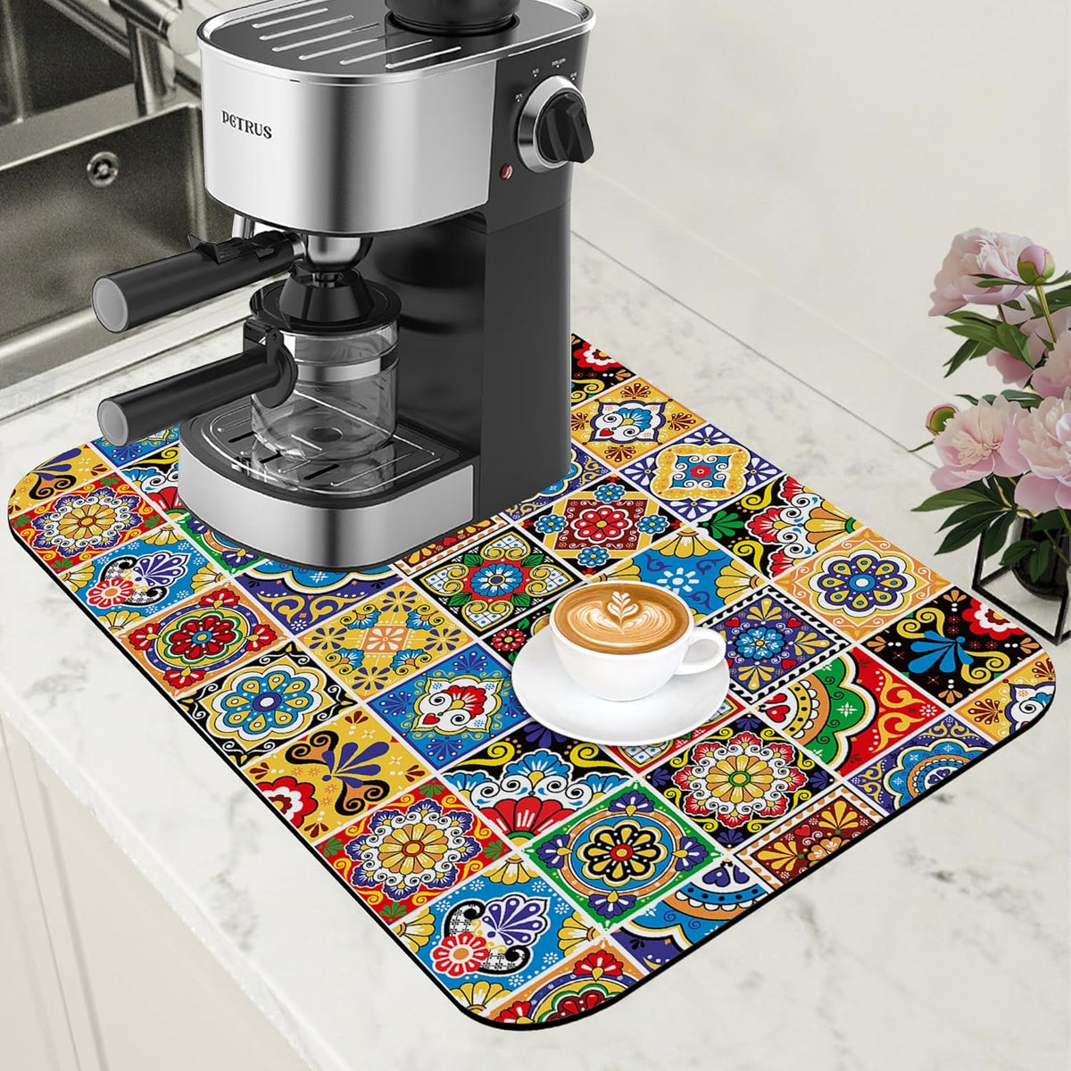 Talavera Mexican Tiles Dish Drying Mat for Kitchen Counter Bar Mat Hide Stain Absorbent Rubber Backed Coffee Mat Maker Espresso Machine Bar Accessories 11.8 x 19.7 Inch
