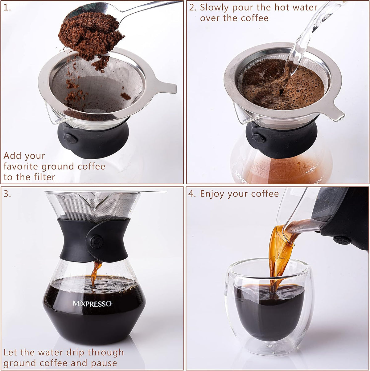 Mixpresso Pour Over Coffee Maker, Glass Carafe with Coffee Dripper, 13.5 Oz | Reusable Stainless Steel Filter with Protective Silicone Sleeve for Manual Pour Over Coffee Brewing, Easy to Clean