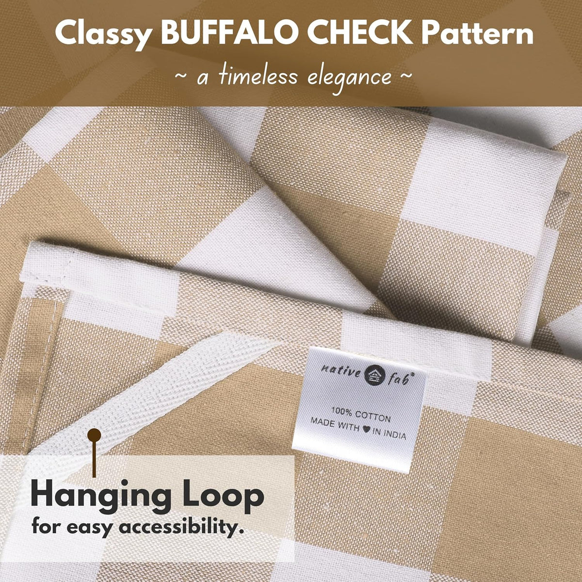 Native Fab 4 Pack Buffalo Check Kitchen Towel 16"x26" - Cotton Dish Towels Washable - Absorbent Tea Towels, Soft Hand Towel with Hanging Loop, Dish Cloth Set - Beige White