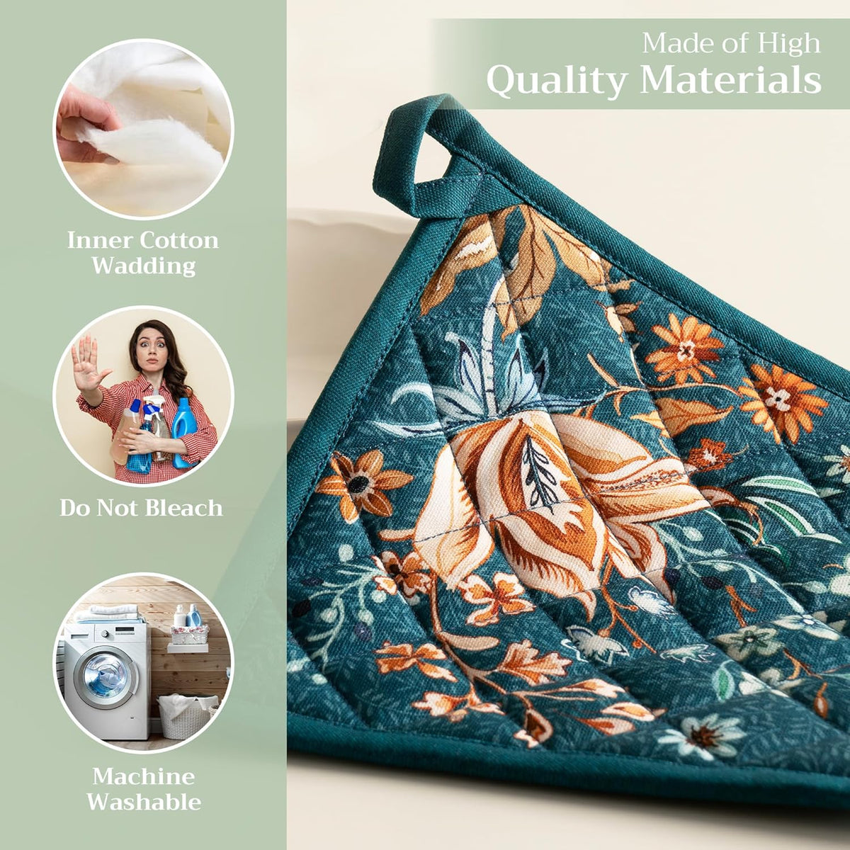 Maison d' Hermine Pot Holders Set 100% Cotton Heat Resistant Potholders 8" x 8" Hot Pads with Loop BBQ, Cooking, Baking, Grilling, Kitchen, Handling Hot Pans (Pack of 2, Luxury Loft-Dark Teal)
