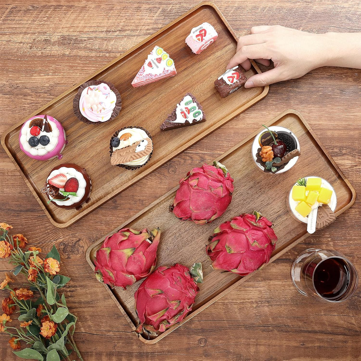15.7" x 7" Large Solid Acacia Wood Serving Tray Rectangular Wooden Serving Platter Natural Wooden Board for Bar Coffee Party (1)