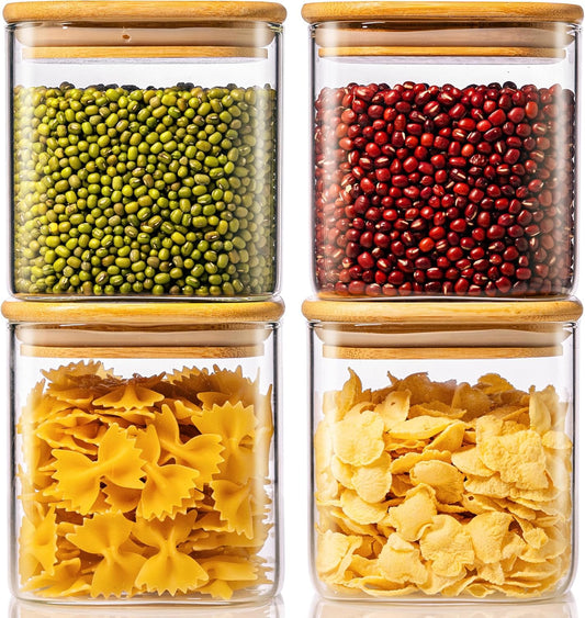 27oz - 4 Pack Square Glass Jars with Bamboo Lids, Glass Food Storage Containers with Airtight Lids for Kitchen, Air Tight