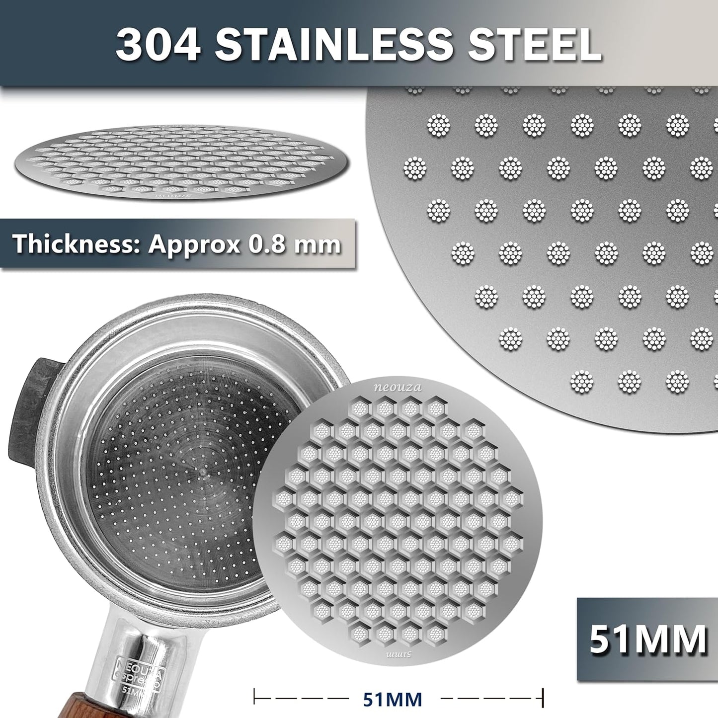 NEOUZA V4 Espresso Puck Screen 0.8mm Thickness Honeycomb Mesh Double Layer Black Protective Coating for Coffee Portafilter Basket (2, Silver, 51mm)
