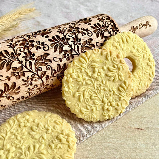FLORAL WREATH Embossing Rolling Pin with Flowers Pattern. Dough and Clay Roller for Embossed Cookies and Pottery. Cookie and