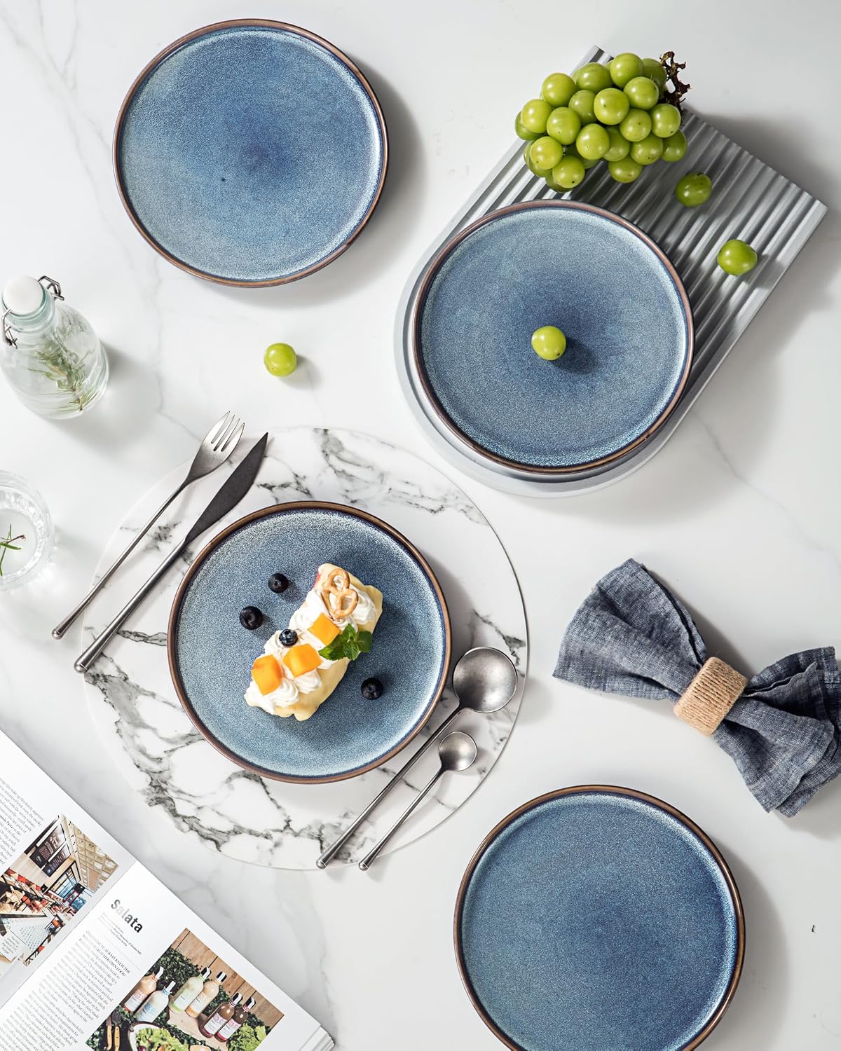 UNICASA Ceramic Salad Plates Set of 4, 8 Inch Reactive Glaze Plates | Blue Dessert and Appetizer Plates, Ideal for Salad, Pasta, Snacks and Side Dishes, Microwave, Oven and Dishwasher Safe