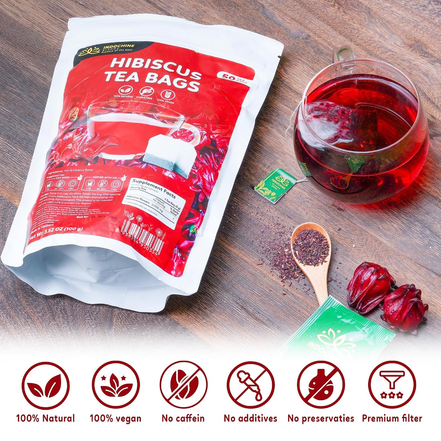 Indochine Blends Hibiscus Tea Bags, 100% Pure Hibiscus Flower, 50 Count | Jamaica Tea, Tart Fruity Flavor, Sugar-Free, Gluten-Free &amp; Vegan, Individually Wrapped, Double Chamber Teabags