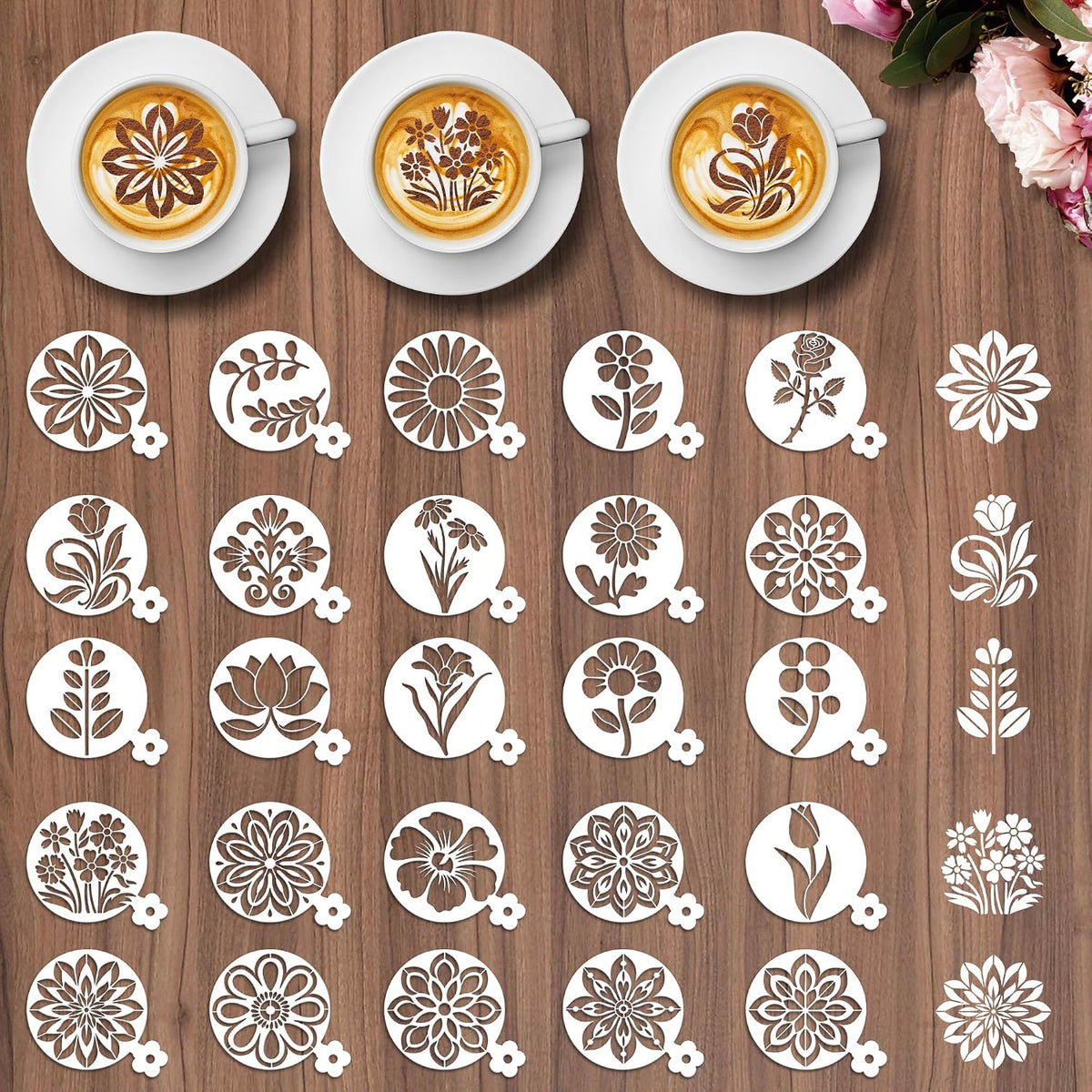 Sitsink Mandala Coffee Stencils Reusable - 25 Pcs Flower Stencils for Cookies Sourdough Bread Decor, Rangoli Mandala Baking Templates