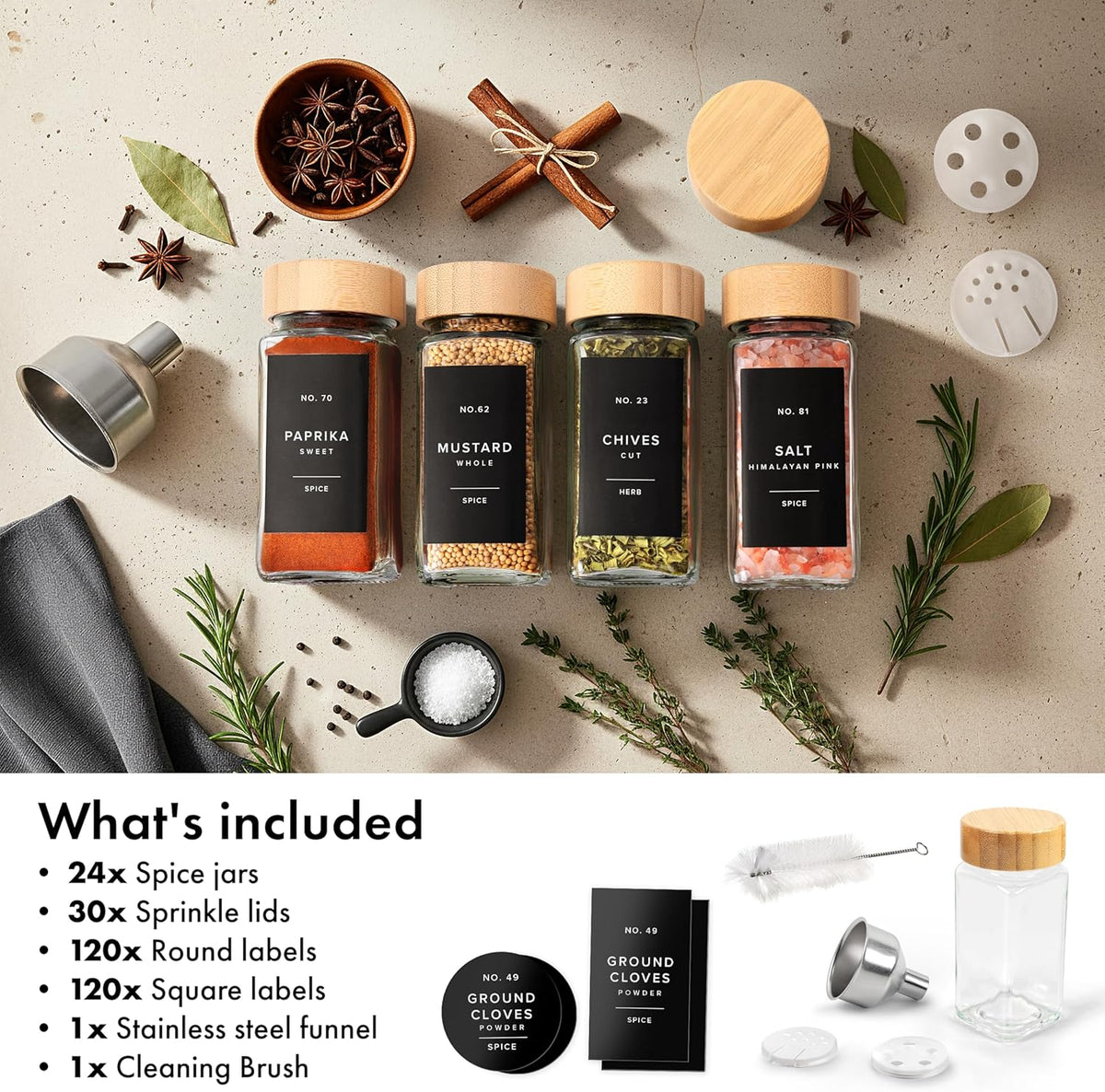 EDELHAUS Glass Spice Jars with Label, 24x Bamboo Wooden Lids - Black Labels | Airtight Lids keep spices fresh, Kitchen Spice Drawer Organizer, 4oz Seasoning Containers incl. Funnel, Brush &amp; 240 Labels
