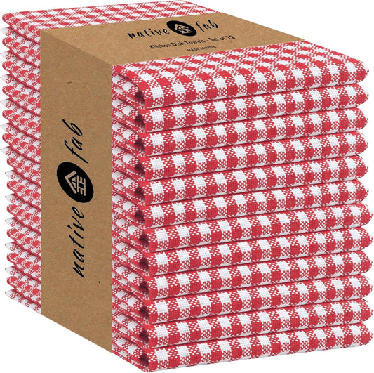 Native Fab 12 Pack Gingham Check Kitchen Towels 16"x26" - Mini Plaid Cotton Dish Towels Washable - Absorbent Tea Towel, Soft