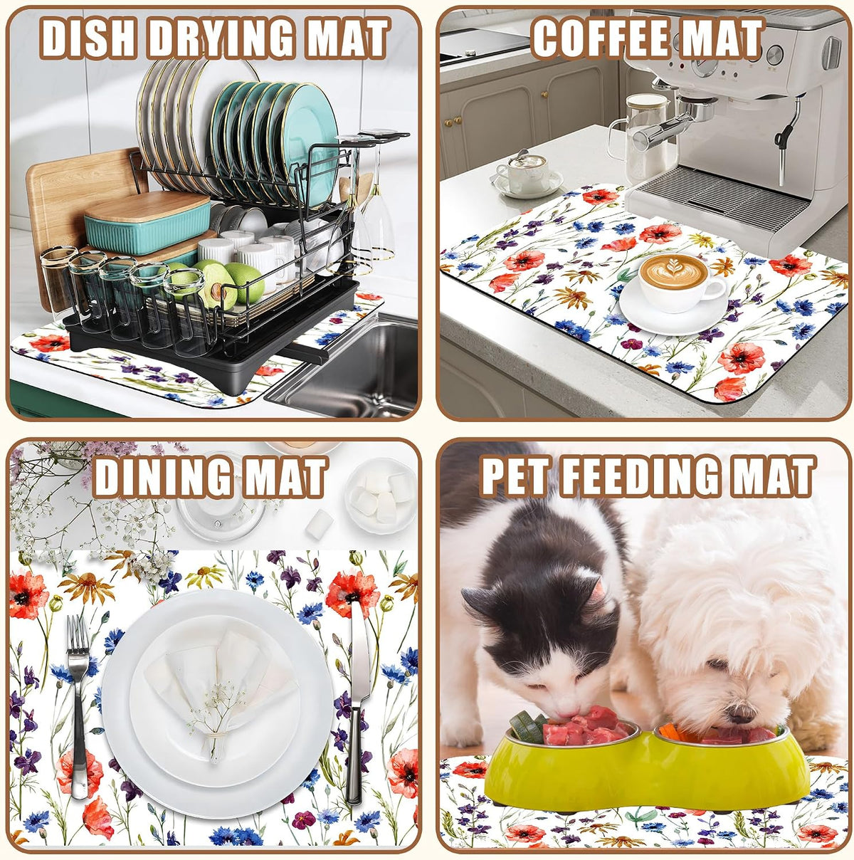 Watercolor Flowers Coffee Mat Daisy Dish Drying Mat for Kitchen Counter Absorbent Hide Stain Rubber Backed Coffee Bar Accessories Fit Under Espresso Machine Dish Drainer 11.8 x 19.7 Inch