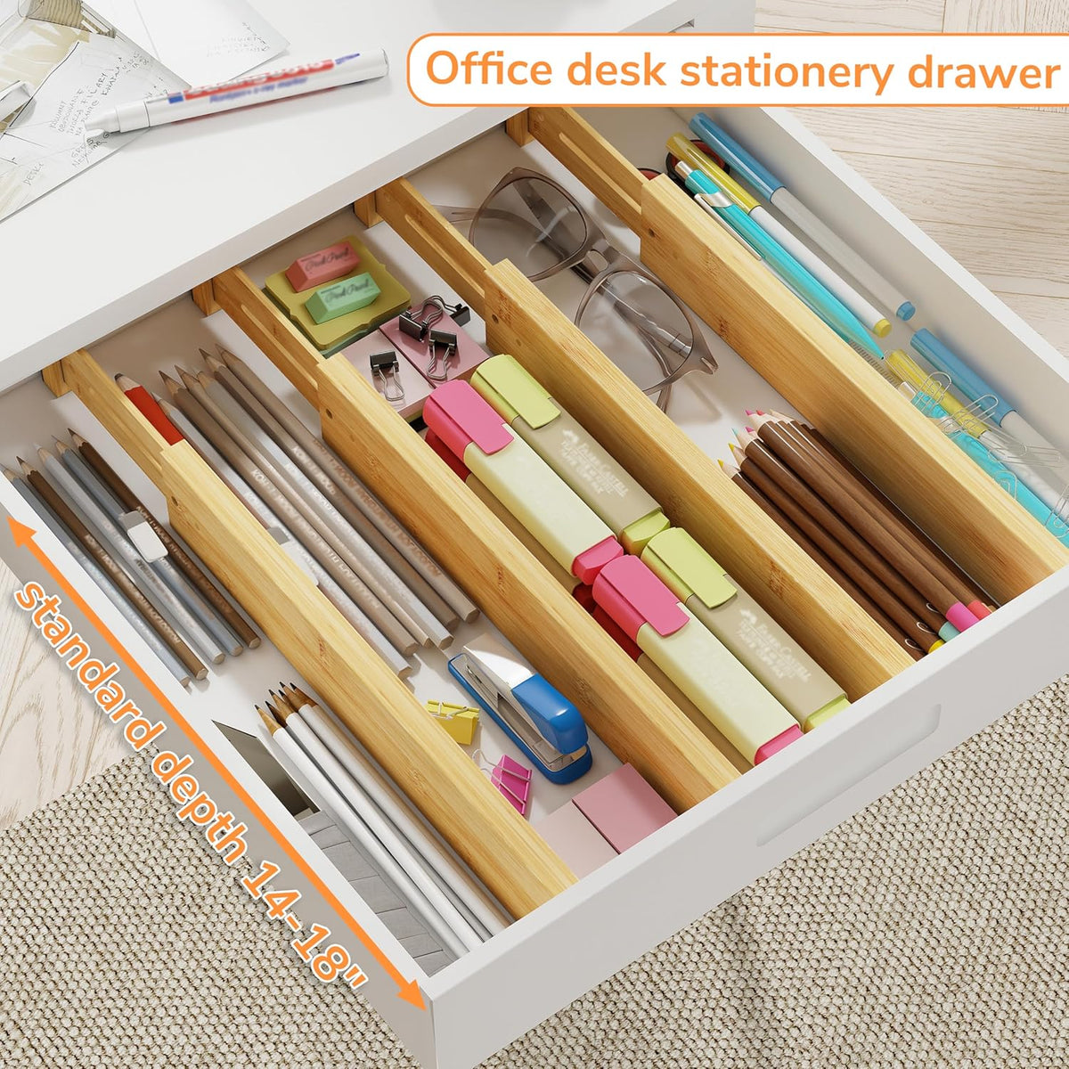 BAMEOS Bamboo Expandable Drawer Dividers – Fits 13.3"–19" Drawers, 2" High, Set of 4 | Spring-Loaded Bamboo Separator for Kitchen Island, Bathroom Vanity &amp; Dresser Drawers