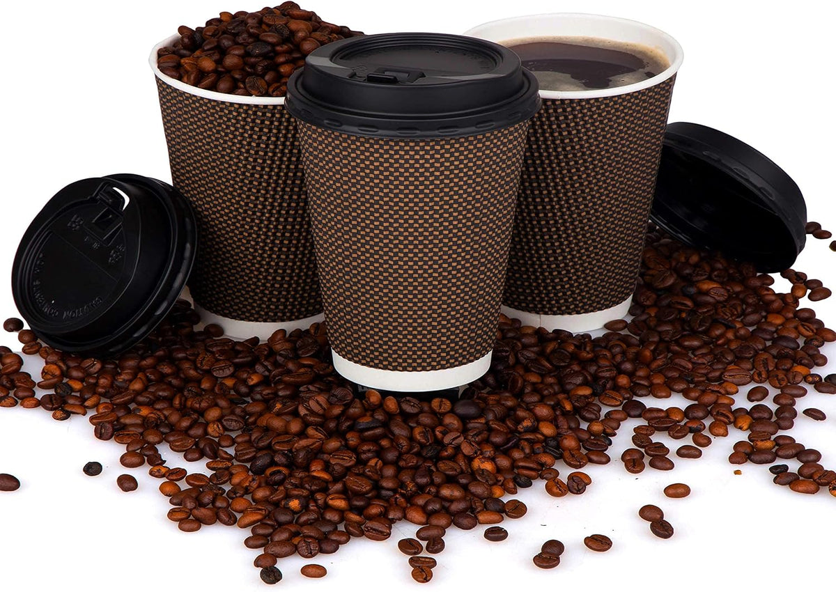 Promora Brown Disposable Coffee Cups With Lids 12 oz, Premium Insulated Paper Ripple Cups for Hot Coffee, Paper Coffee Cup with Lids (80 Pack)