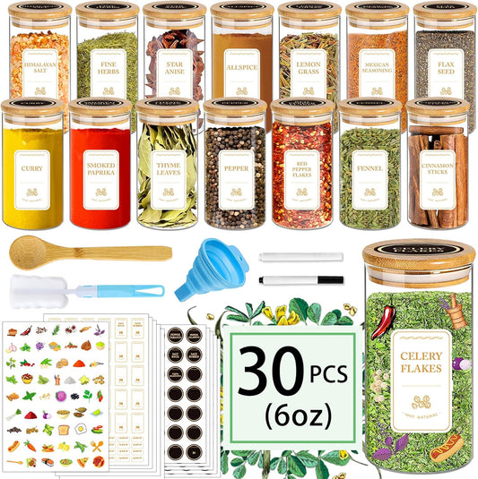 Spice Jars with Labels, 30Pcs 6oz Glass Spice Jars with Bamboo Lids, Minimalist Stackable Airtight Spice Containers with 426