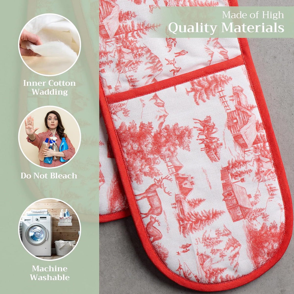 Maison d' Hermine Double Oven Mitts 100% Cotton 7"x35" Double Oven Mitt Heat Resistant BBQ Cooking Gloves with Loop, Baking, Grilling, Home, Kitchen, Handling Hot Pans (Winter Jouy)