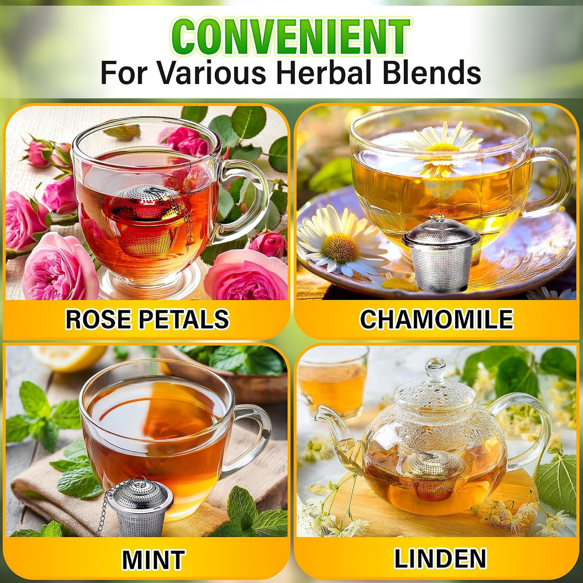 Tea Infuser Set of 3 (1 Large, 2 Small) with Scoop, Stainless Steel | Loose Leaf Tea Steeper; Extra Fine Mesh Holes, Extended Chain, Sleek &amp; Shiny Surface; Reusable; for Herbs, Spices &amp; Cooking