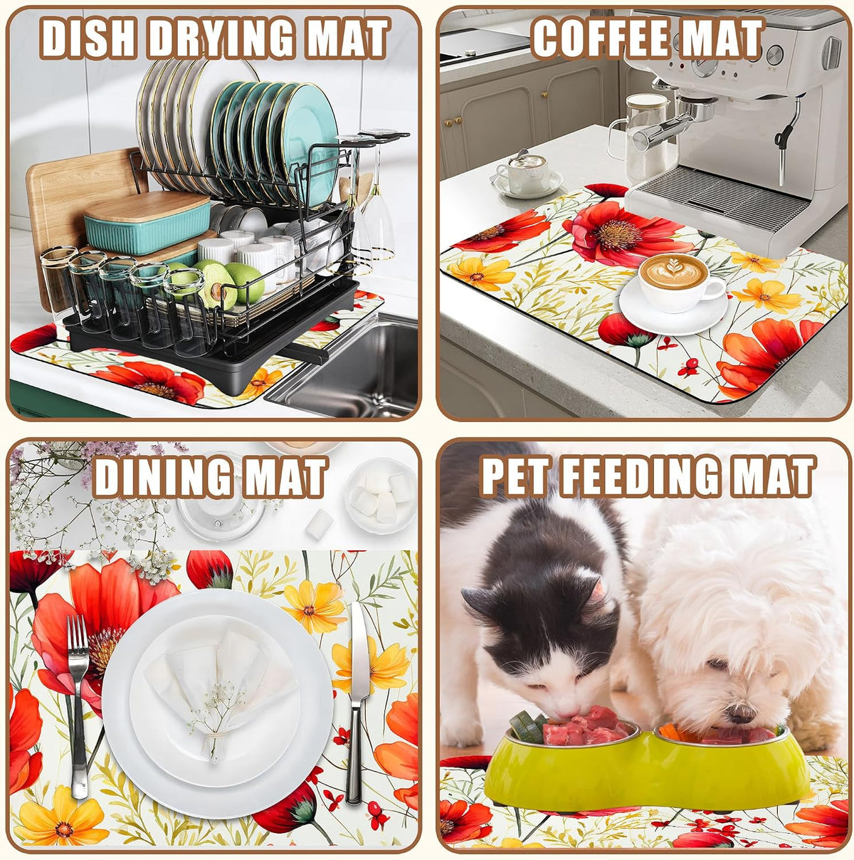 Red and Yellow Flowers Coffee Mat Absorbent Dish Drying Mat for Kitchen Counter Hide Stain Rubber Backed Coffee Bar Accessories Fit Under Espresso Machine Dish Drainer, 15.7 x 23.6 Inch
