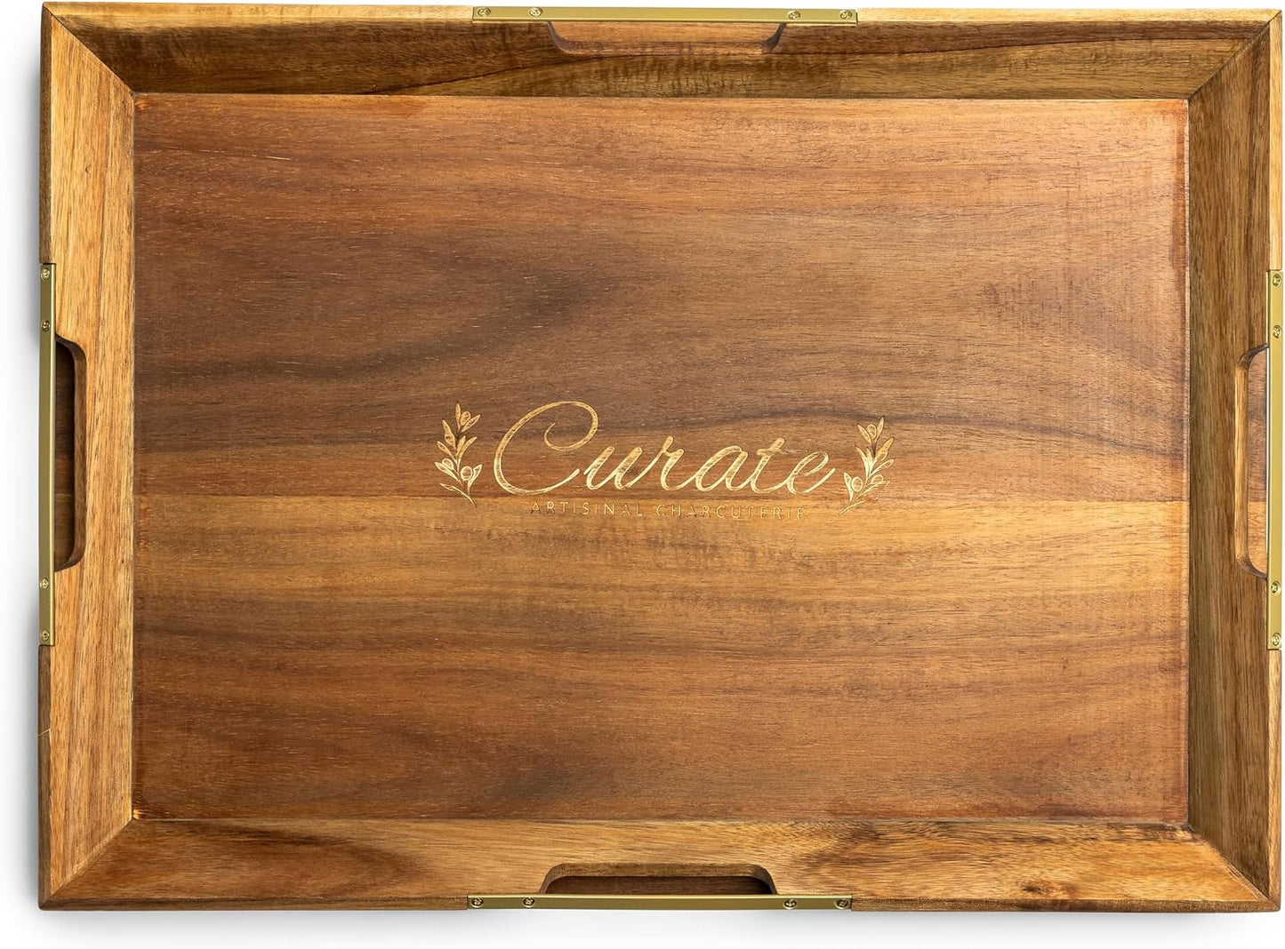Curate Medium Acacia Wood Serving Tray with Handles for Coffee Table, Breakfast &amp; Dinner, Rustic Decorative Wooden Serving Tray for Kitchen, Dining &amp; Charcuterie Boards, (20.8" x 10.8" x 2")