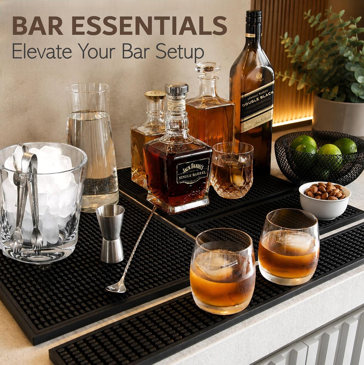 Rubber Bar Mat – Non-Slip Spill &amp; Drip Mat for Bartending, Coffee Bar &amp; Kitchen Countertop, Thick Durable Counter Protector &amp; Stylish Drying Mat (Total Black, 18"x12")