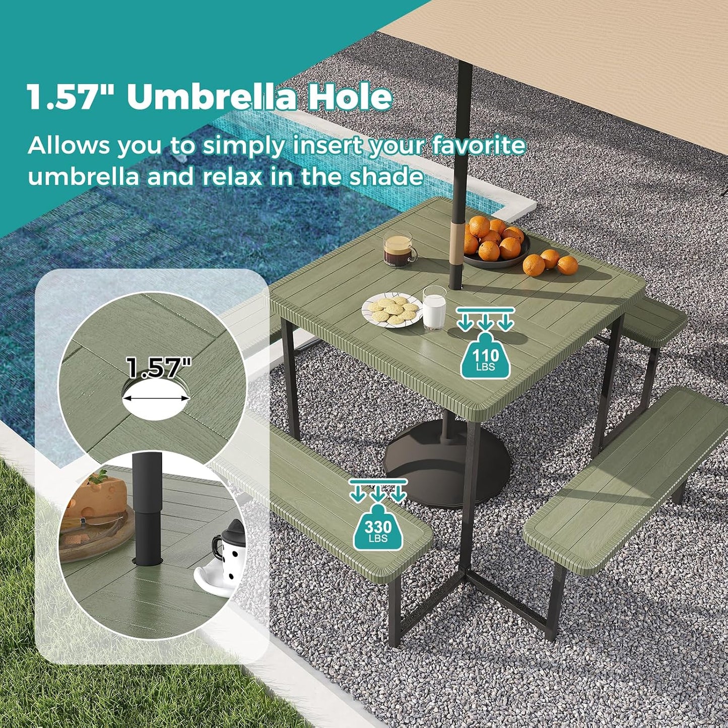 Giantex Picnic Table Bench Set for 4-8 People, 34" Outdoor Square Dining Table & 2 Benches w/Umbrella Hole, HDPE Tableto