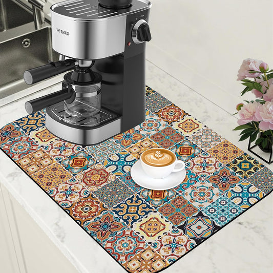 Dish Drying Mat Multicolor Portuguese Tiles Coffee Bar Mat for Countertop Absorbent Rubber Backed Hide Stain Dish Drainer
