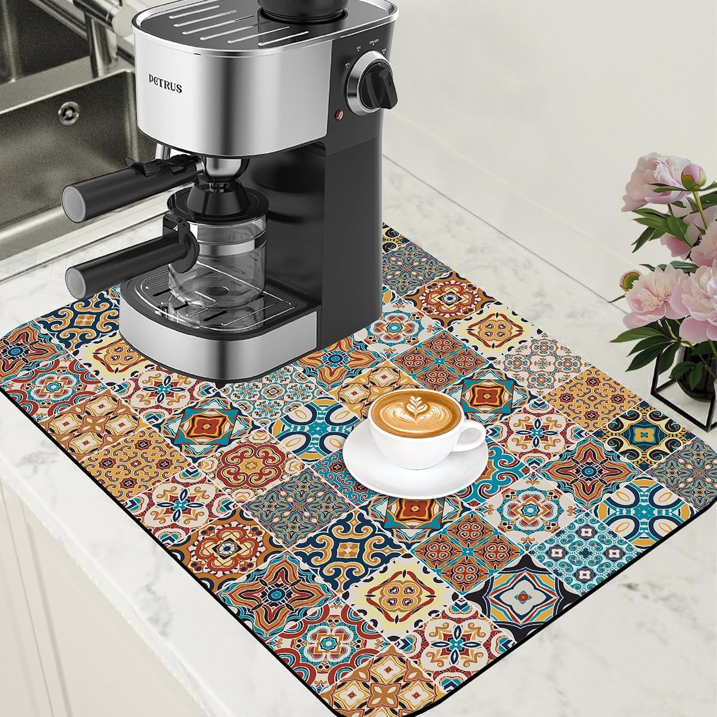 Dish Drying Mat Multicolor Portuguese Tiles Coffee Bar Mat for Countertop Absorbent Rubber Backed Hide Stain Dish Drainer Rack Pad Coffee Maker Espresso Machine Dining Room Decor 15.7 x 23.6 Inch