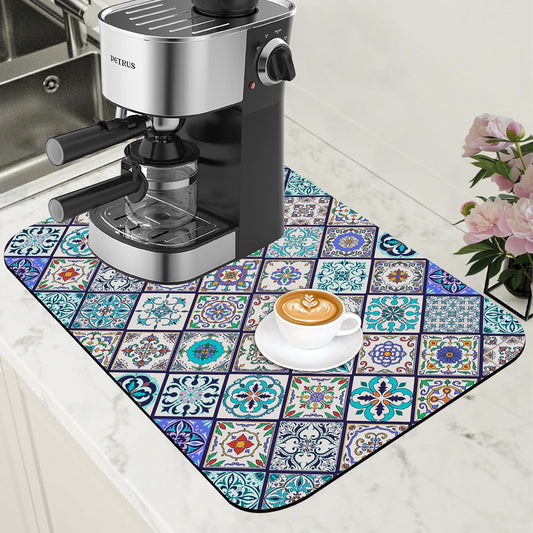 Colorful Tiles Dish Drying Mat for Kitchen Counter Coffee Mat Hide Stain Absorbent Non-Slip Rubber Backed Drying Rack Pad