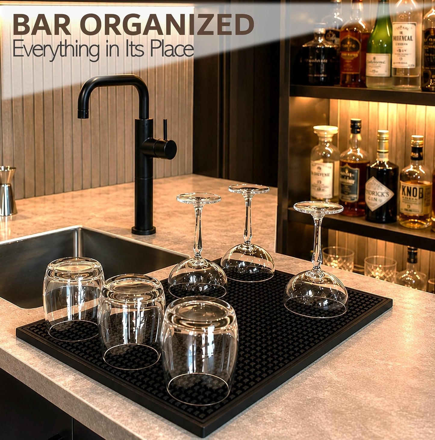 Rubber Bar Mat – Non-Slip Spill &amp; Drip Mat for Bartending, Coffee Bar &amp; Kitchen Countertop, Thick Durable Counter Protector &amp; Stylish Drying Mat (Total Black, 18"x12")