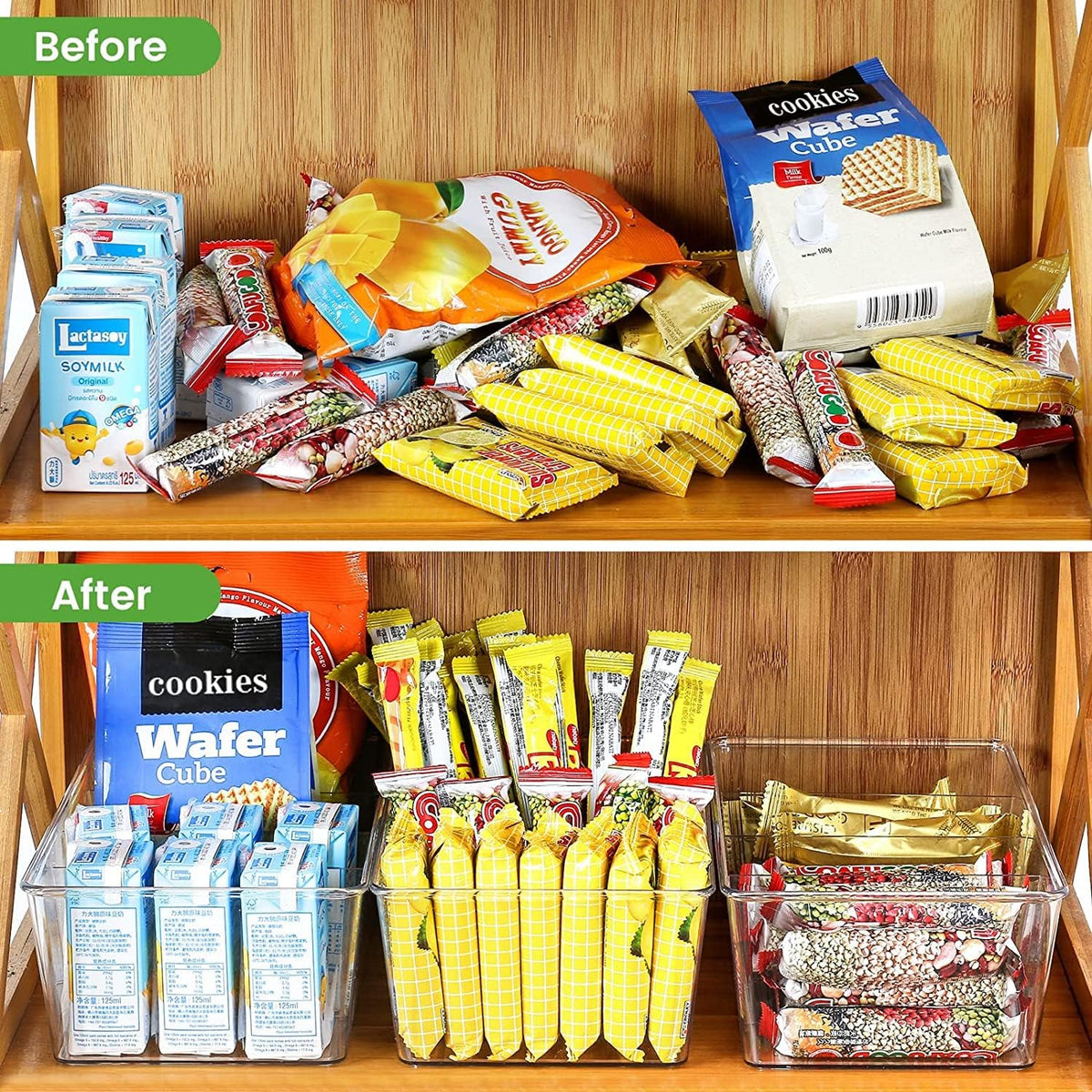 wilfox Pantry Organizer, 7 Pack Clear Organizer Bins with Removable Dividers, Pantry Organizers and Storage, Fridge Organizer and Cabinet Organizer for Snack, Pouches, Spice Packets