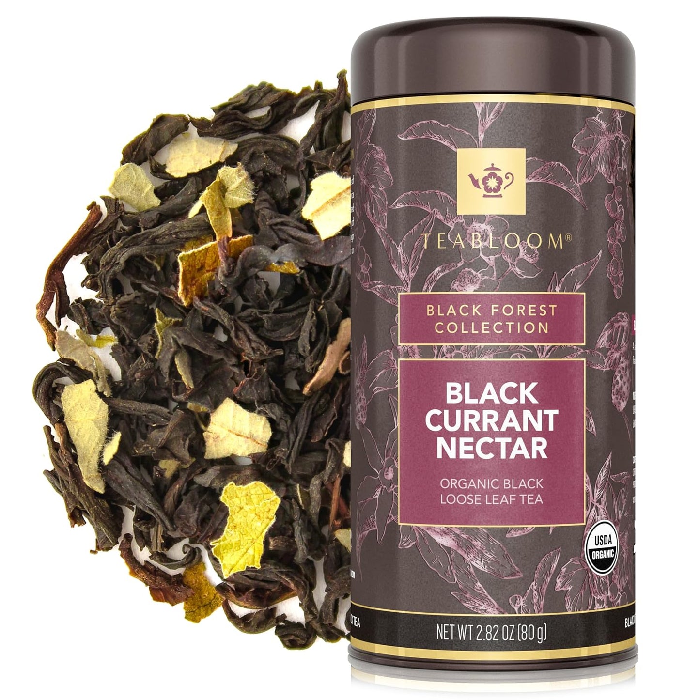 Teabloom Organic Black Tea, Black Currant Nectar Loose Leaf Tea, USDA Certified Organic, 2.82 Ounce Loose Leaf Tea Canister Makes 35-50 Cups