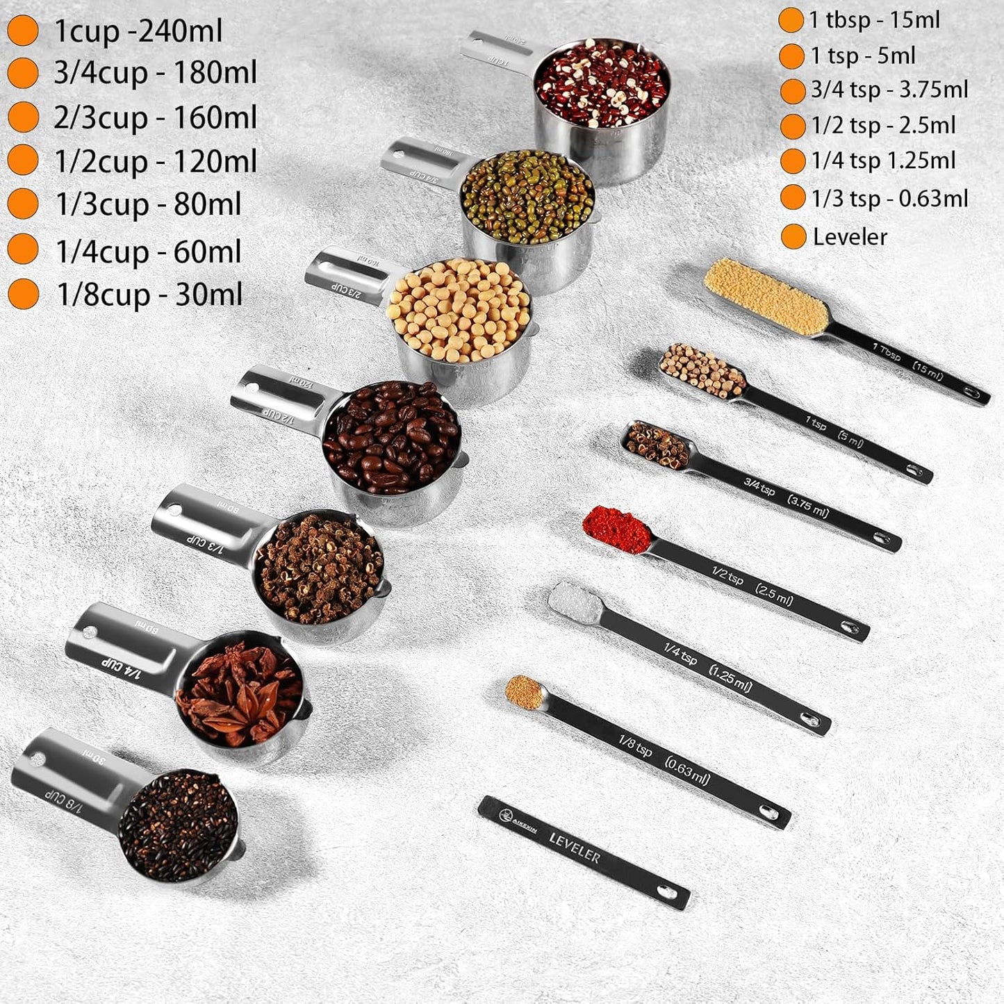 AIKEXIN 20 PCS Measuring Cups &amp; Spoons Set, for Cooking &amp; Baking Gadgets | 18/10 Stainless Steel, Metal Material | Nesting, Stackable Design | Dry &amp; Liquid | Plastic | Leveler, Conversion Chart