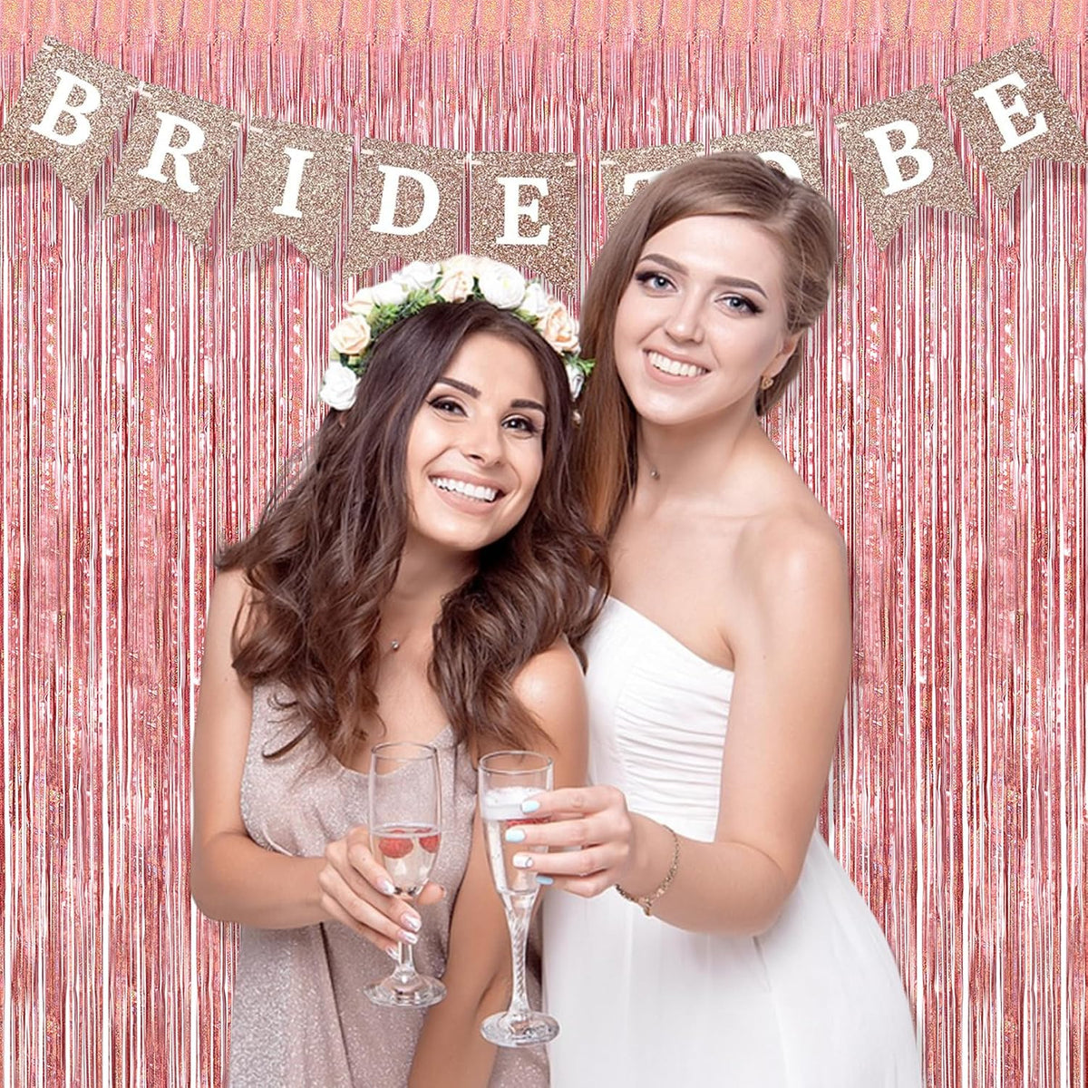 BRAVESHINE Tinsel Backdrop, Rose Gold Foil Fringe Curtains | 2 Pack | Party Streamers for 13th/16th/18th/21st/Girls/Birthday/Bachelorette/Engagement/Anniversary/Bridal Shower Party Decorations