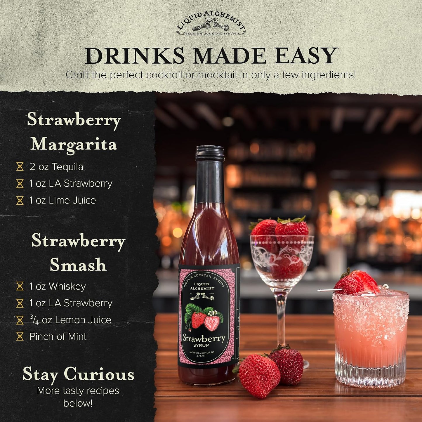 Liquid Alchemist Strawberry Syrup for Cocktails | Real Ingredients Make our Strawberry Puree for Drinks a Perfect Margarita Mix | Small Batch, Non-GMO &amp; Dairy Free | 12.7 oz Drink Mixer, Pack of 1