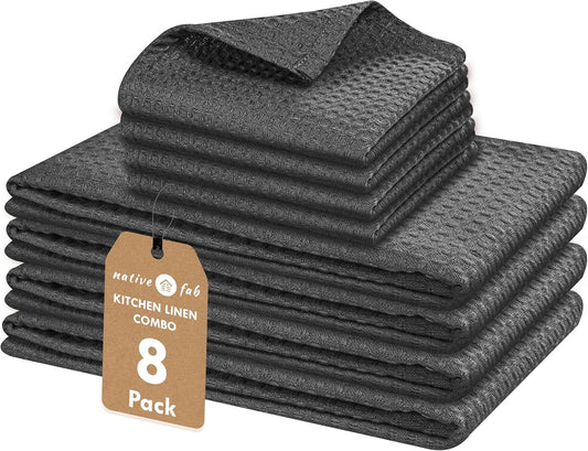 Native Fab Cotton Dish Towel & Dishcloth Set - 8 Piece Pack for Cleaning, Cooking, Baking - Absorbent, Durable, Washable,