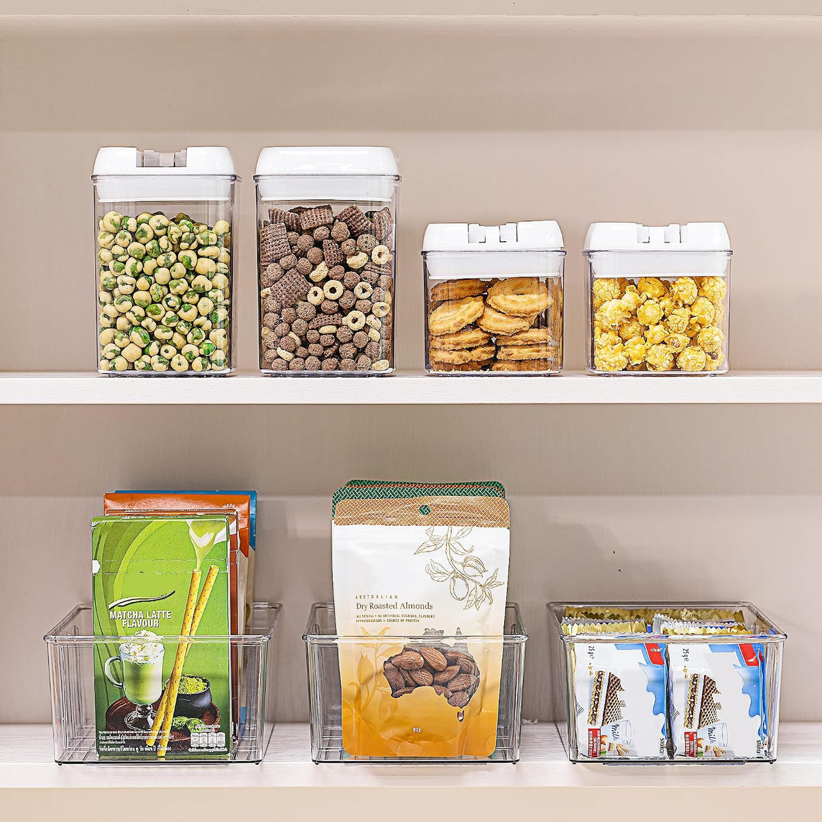 Vtopmart 2 Pack Food Storage Organizer Bins, Clear Plastic Bins for Pantry, Kitchen, Fridge, Cabinet Organization and Storage, 4 Compartment Holder Packets, Snacks, Pouches, Spice Packets