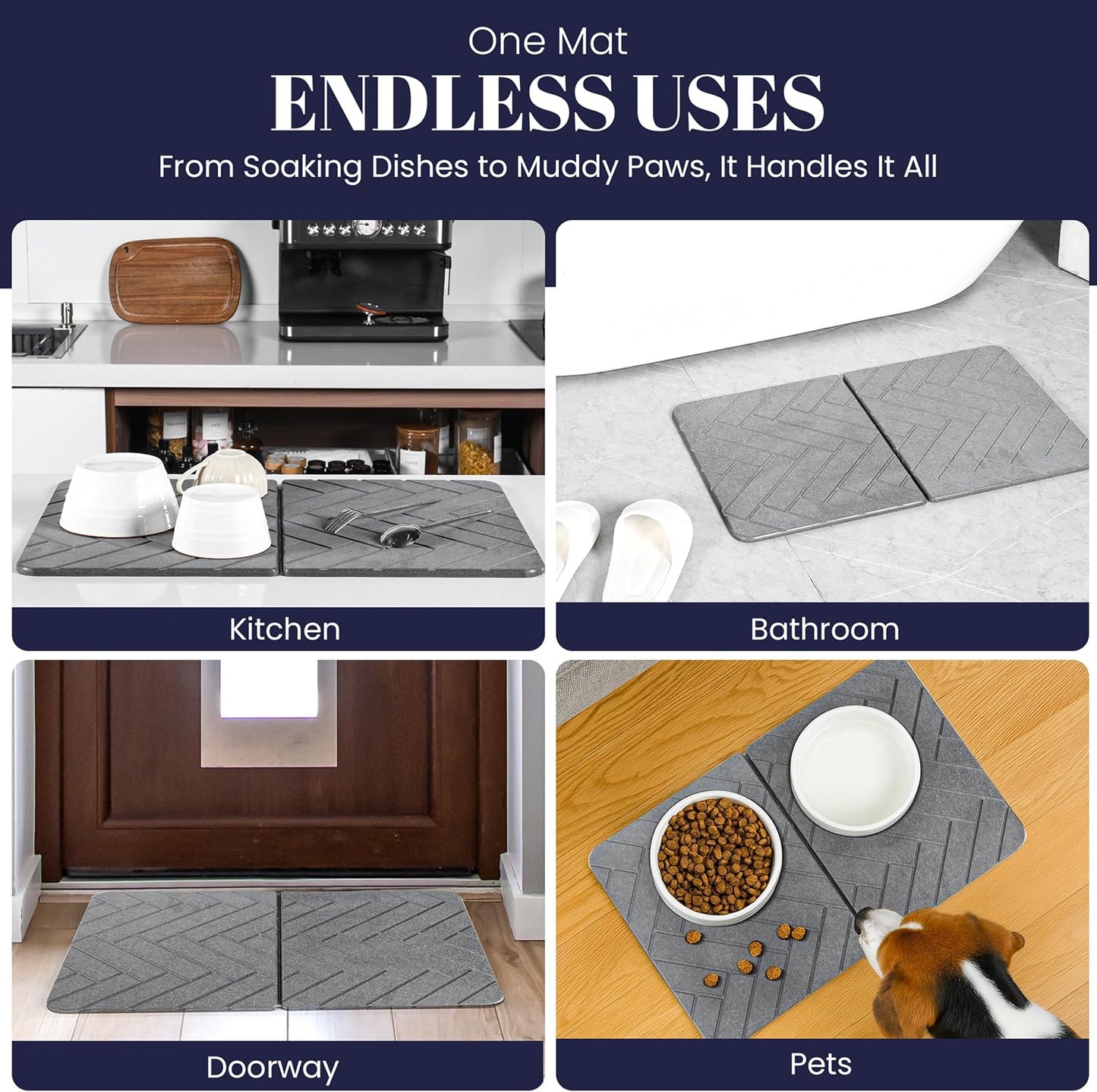 Folding Stone Dish Drying Mat for Kitchen Counter 23"x15" - Diatomaceous Earth Quick Dry Mat, Non-Slip, Foldable &amp; Absorbent Stone Drying Pad for Dishes Cups Bottles - Kitchen Bath &amp; Pet Mat