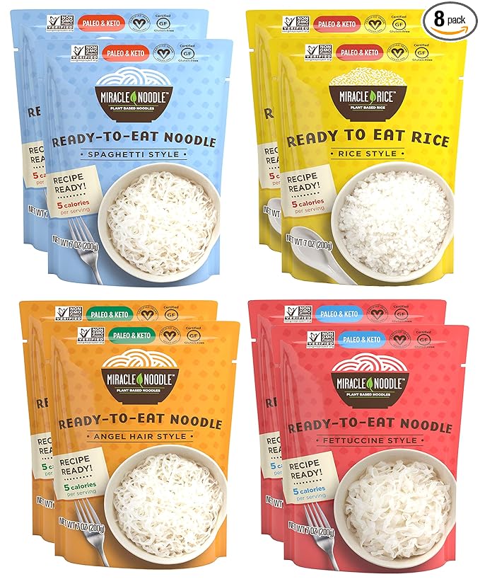 Miracle Noodle Ready to Eat Variety Pack, 7 Oz (Pack of 8), Angel Hair, Fettuccine, Spaghetti & Rice, Plant Based Shirataki Konjac Noodles, 5 Calories, Low Carb, Keto, Gluten-Free