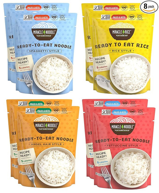 Miracle Noodle Ready to Eat Variety Pack, 7 Oz (Pack of 8), Angel Hair, Fettuccine, Spaghetti & Rice, Plant Based Shirataki