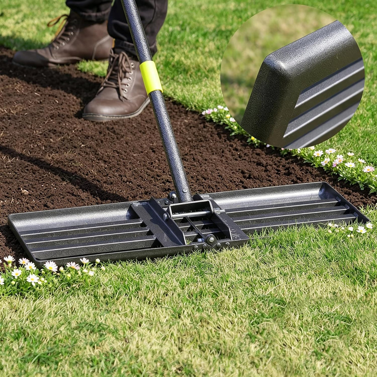 Lawn Leveling Rake Heavy Duty, 30"x10" Large Ground Plate Leveler Tool, Anti Flipping Smooth Edge Pull Behind Garden Landscape Rake for Soil Sand Dirt Yard Top Dressing, Long Handle 65 Inch