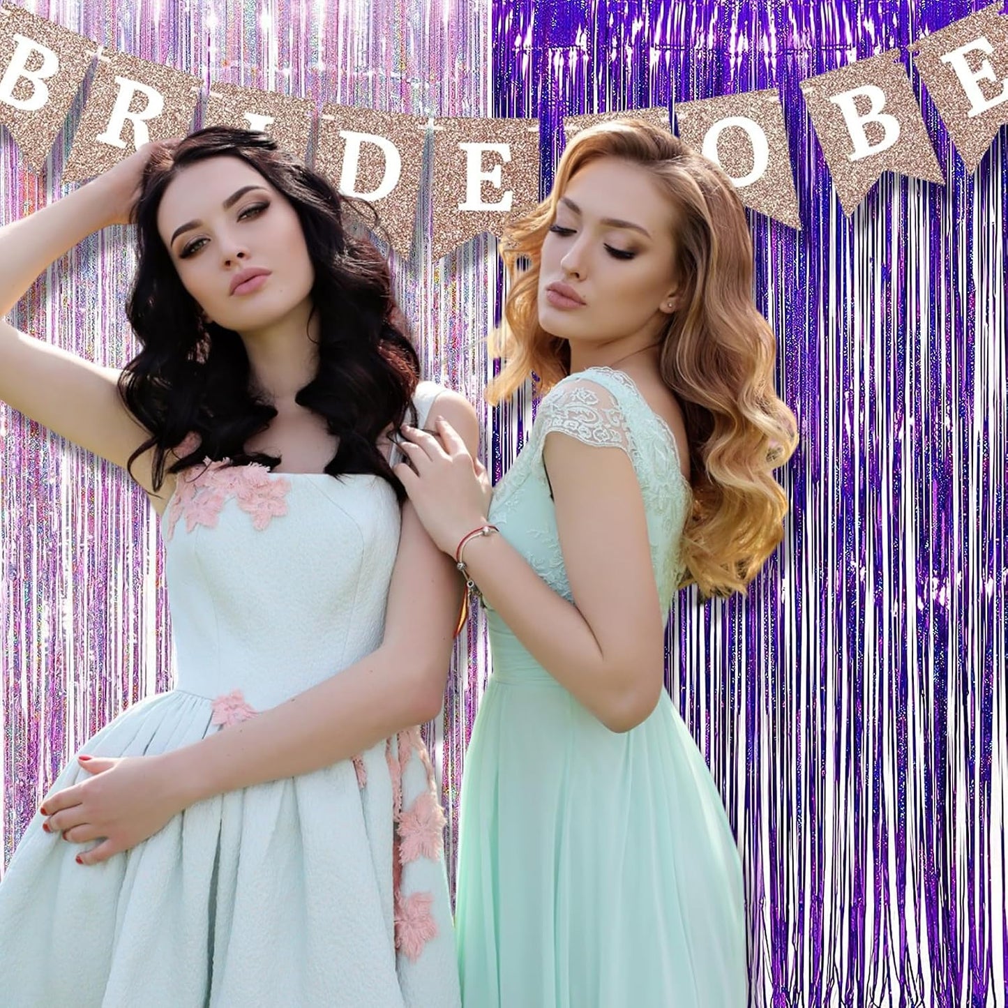 BRAVESHINE Party Streamers Backdrop | Tinsel Foil Fringe Curtains | 1 Purple 1 Pink | 3.2x8.2ft | for Valentines/Hunters/Girls/Women/Birthday/Engagement/Bridal Shower/Bachelorette Decorations