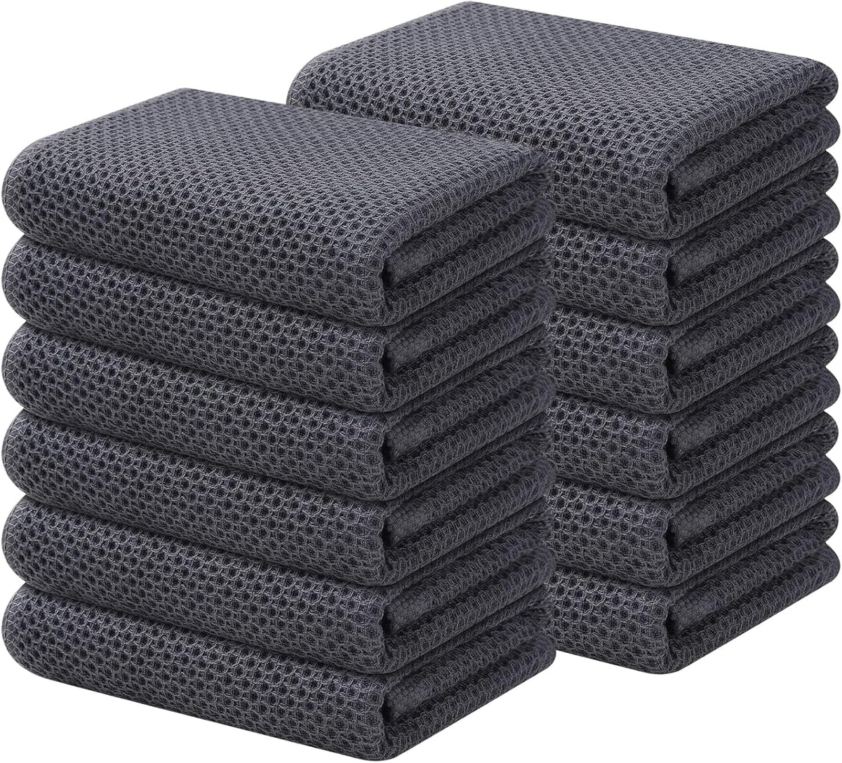 Kitinjoy 100% Cotton Waffle Weave Kitchen Towels, 12-Pack Super Soft and Absorbent Kitchen Dish Towels for Drying Dishes, Kitchen Hand Towels, 13 in x 28 in, Dark Grey