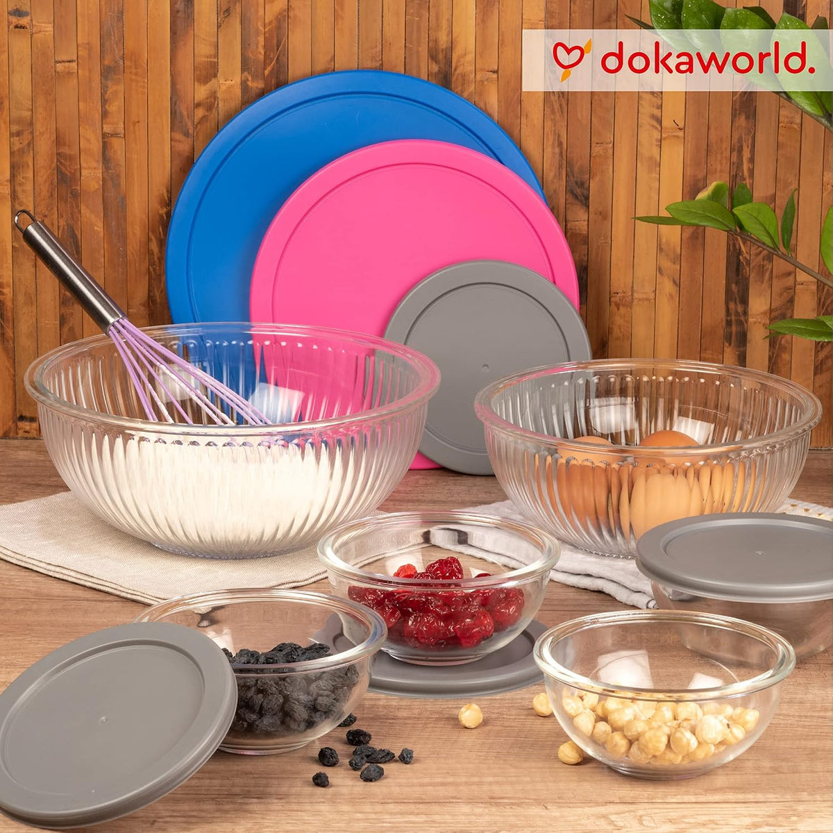 Set of 6 Stackable Space-Saving Nesting Glass Bowls | with BPA Free Lids for Foodprep, Storage, Baking, Mixing &amp; Cooking, Microwave Safe - Durable Inert Borosilicate Glass