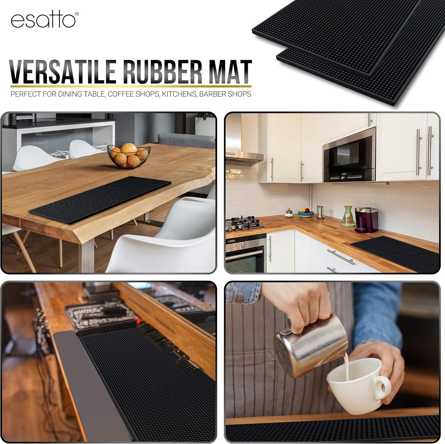 Esatto 23.375” x 7.75” Double Width Professional Spill Bar Supply Mat Bartender Non-Slip Black Bar Mat Coffee Drinks Mixing Pad for Bars, Home, Kitchen, Restaurants (2 Pack, Black)