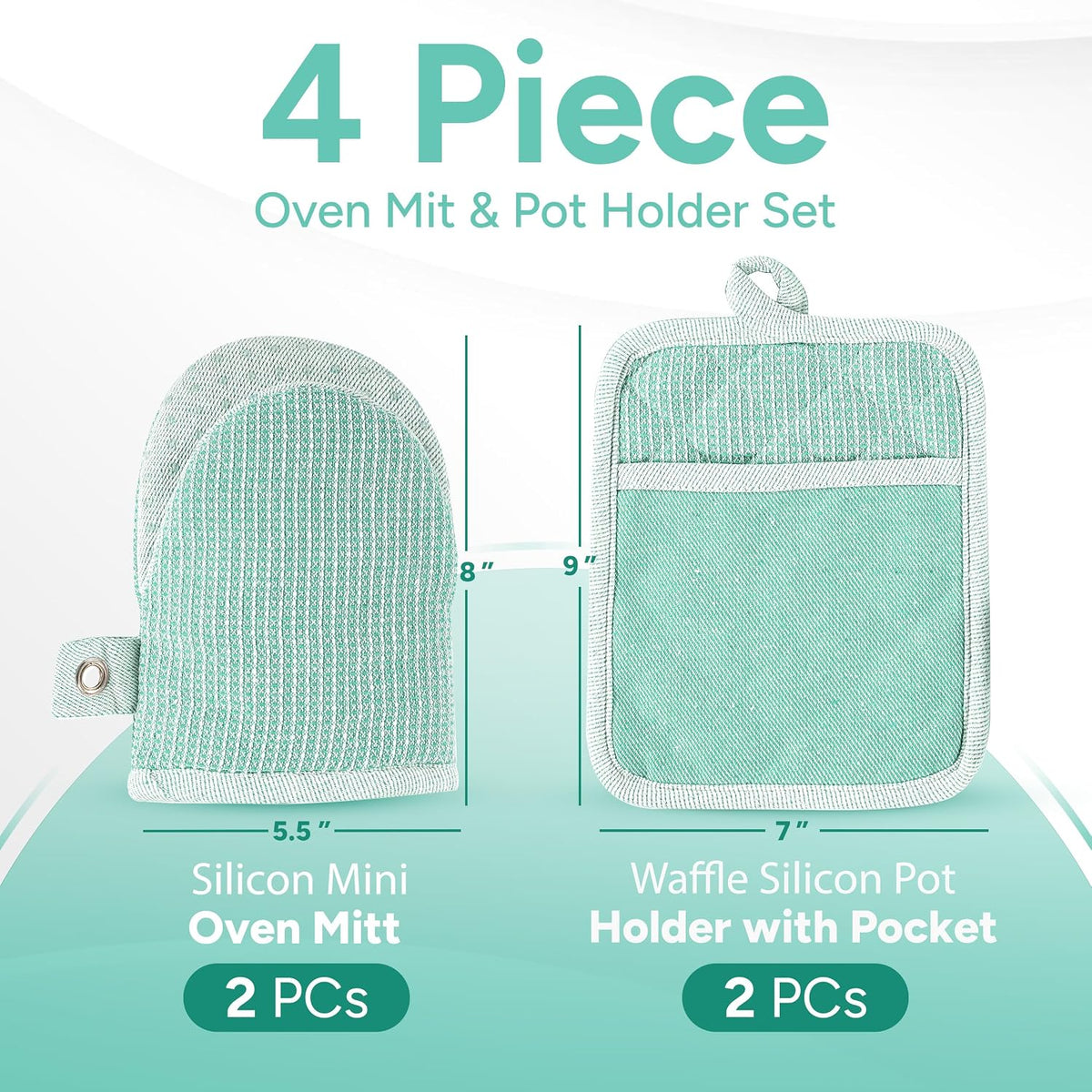 Casa Platino Heat Resistant Oven Mitts &amp; Pot Holders, 4-Piece – Oven Mitt for Baking &amp; BBQ, Potholders for Kitchens – Withstands Heat Up to 500°F, Soft, Durable &amp; Non-Slip – Sage