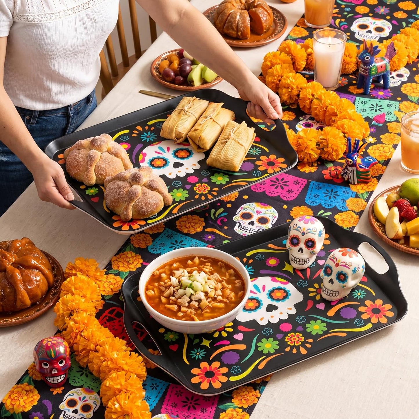 Oasis Choice 2-Pack Dia de Los Muertos Serving Trays, 17.3"×12.2" Calavera Sugar Skull Platters, Durable Bamboo Fiber, Dishwasher Safe for Fiesta &amp; Day of the Dead (Calavera Vibrant, 17inch)