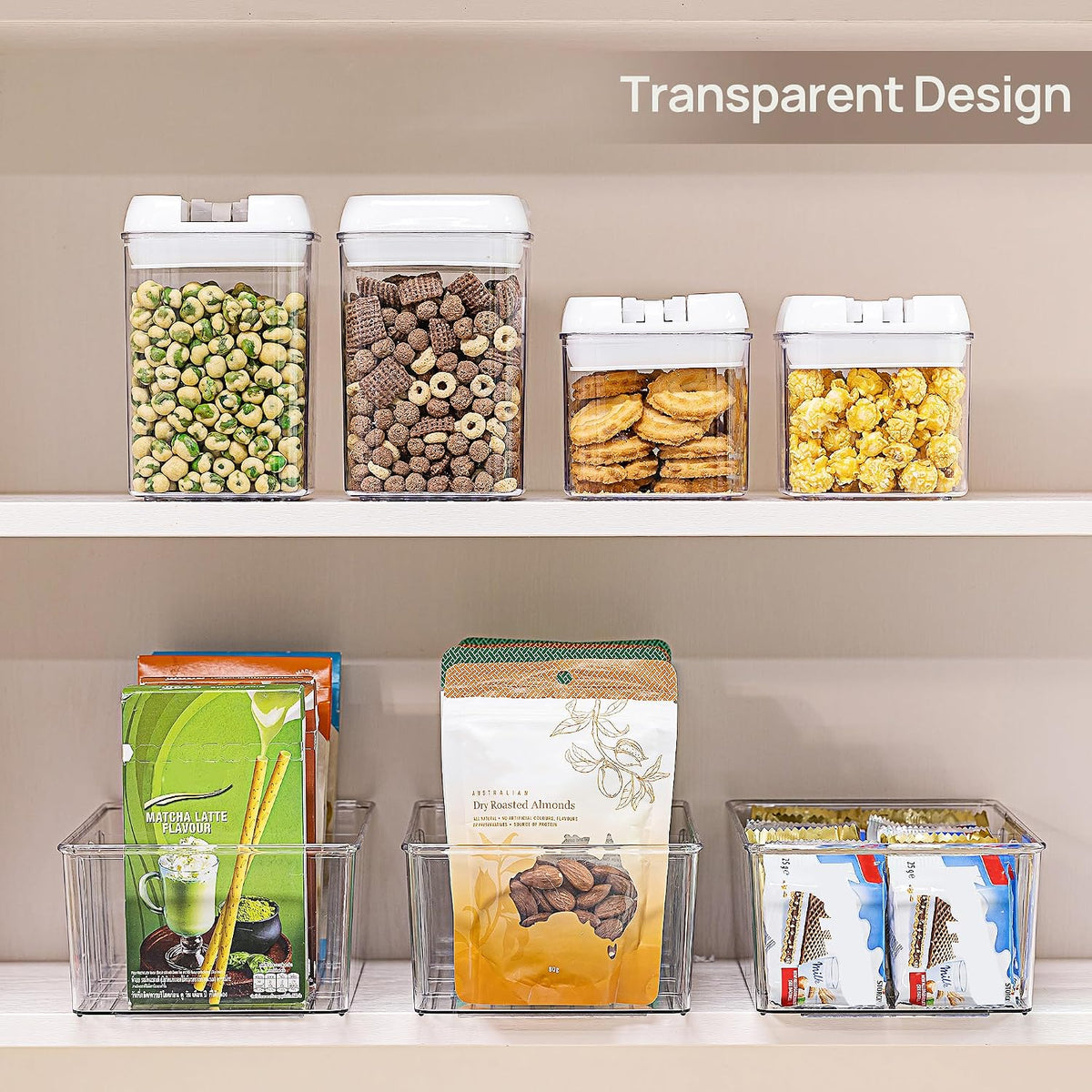 Vtopmart 8 Pack Food Storage Organizer Bins, Clear Plastic Bins for Pantry, Kitchen, Fridge, Cabinet Organization and Storage, 4 Compartment Holder for Packets, Snacks, Pouches, Spice Packets