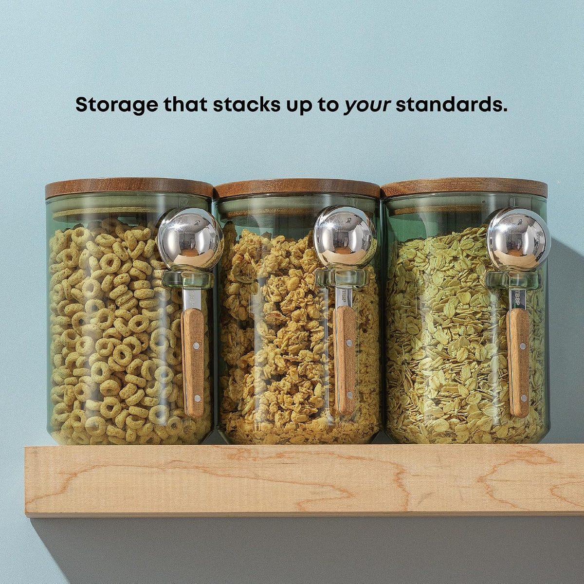JoyJolt Holden 32oz Stackable Glass Storage Containers with Lids and Scoops, Airtight Food Canister Set of 3 w/Acacia Wood Lids, Round Stacking Pantry and Kitchen Containers w/Scoop | Clear