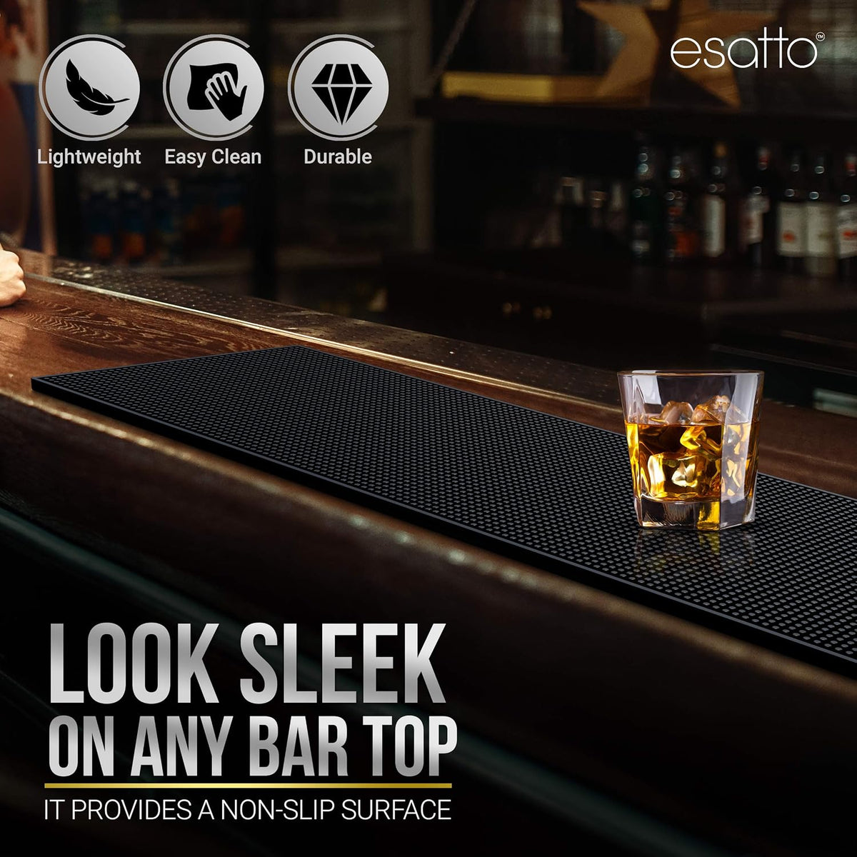 Esatto 23.375” x 7.75” Double Width Professional Spill Bar Supply Mat Bartender Non-Slip Black Bar Mat Coffee Drinks Mixing Pad for Bars, Home, Kitchen, Restaurants (2 Pack, Black)