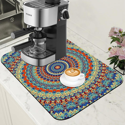 Boho Mandala Ethnic Coffee Mat Absorbent Dish Drying Mat for Kitchen Counter Hide Stain Rubber Backed Coffee Bar Accessories