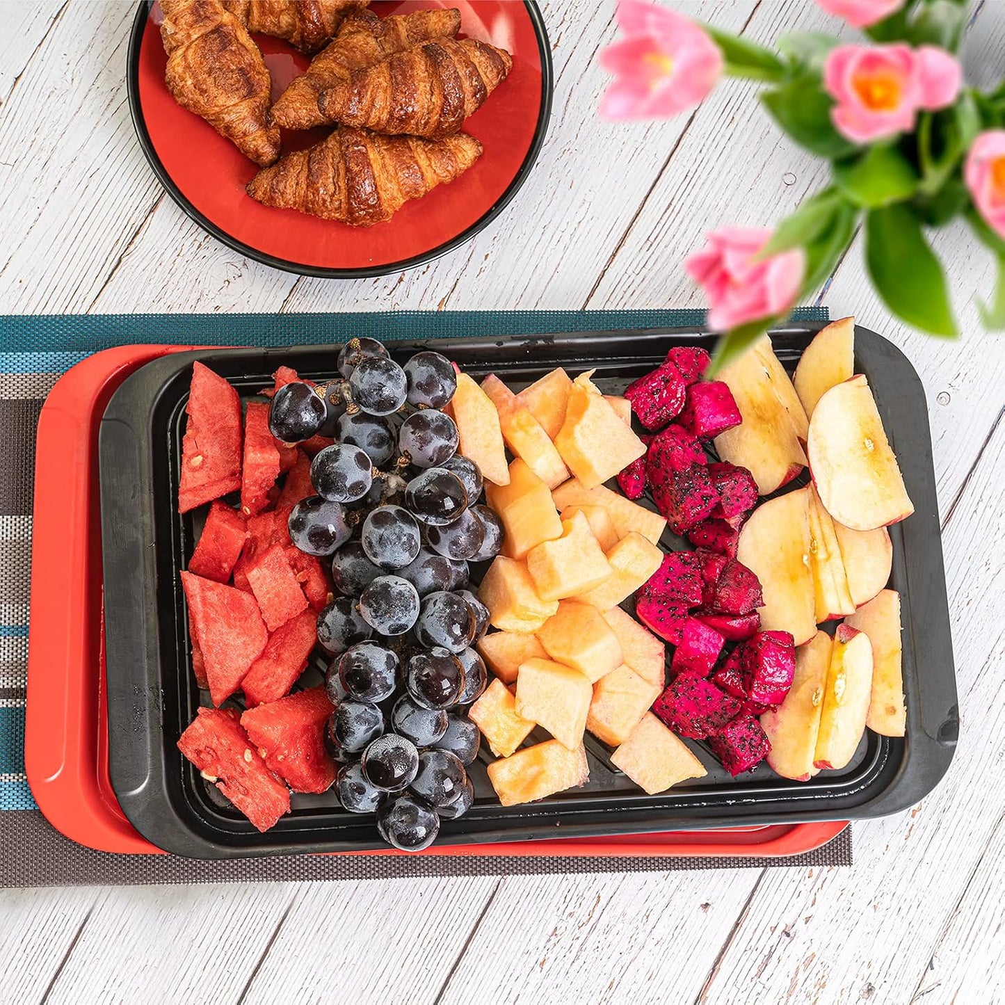 TP 17" x 10.5" Grilling Prep and Serve Trays, Set of 2, Black&amp;Red | Melamine BBQ Trays, Serving Platters for Meats, Raw and Cooked Food Separation, Grill Accessories, Break-resistant