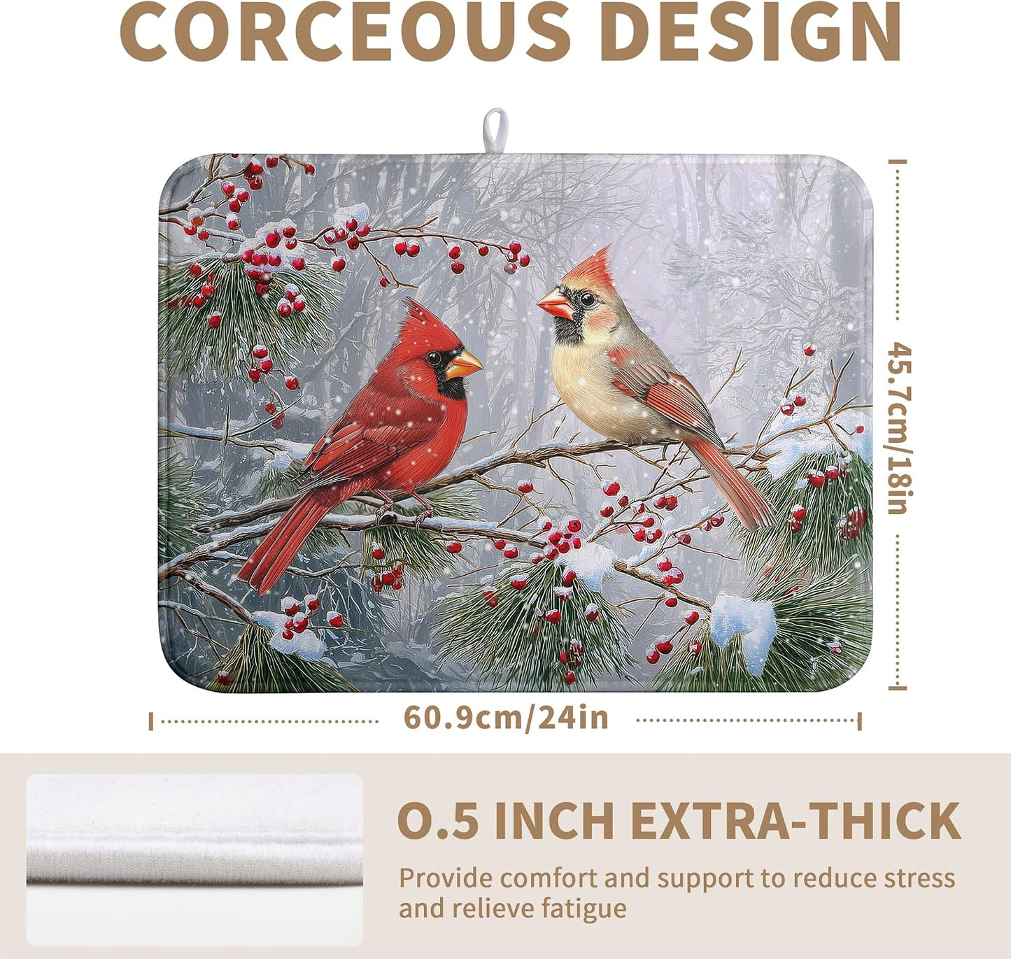 Winter Cardinal Birds Dish Drying Mats Christmas Snowflake Dish Mat Kitchen Tree Large Drying Matt Dishes Dryer Pad for Kitchen Counter Absorbent Microfiber Washable Foldable Reusable 18x24 in